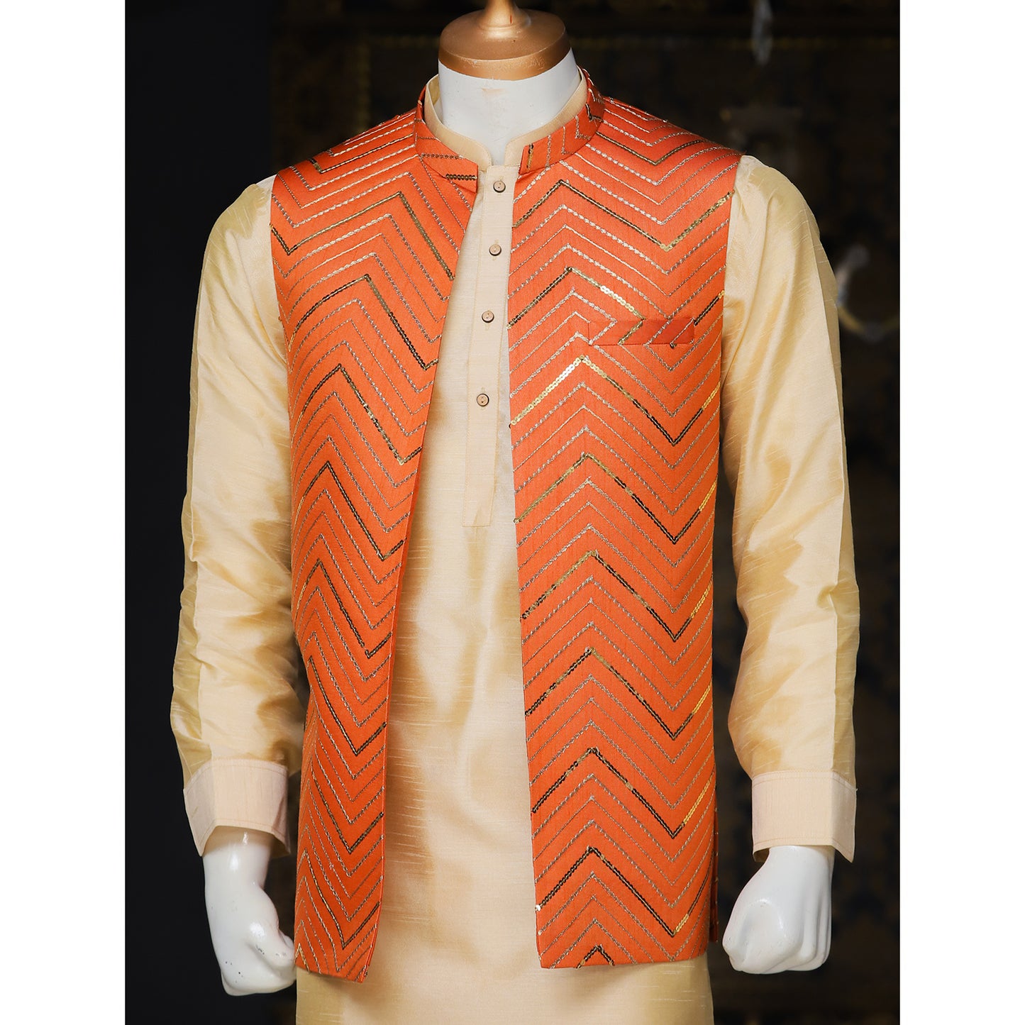 Raw Silk Waistcoat w/ Sequence for Men