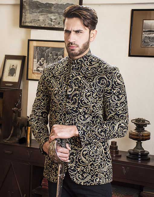 Black Silk Fabric with Golden & Copper Tilla Embroidery