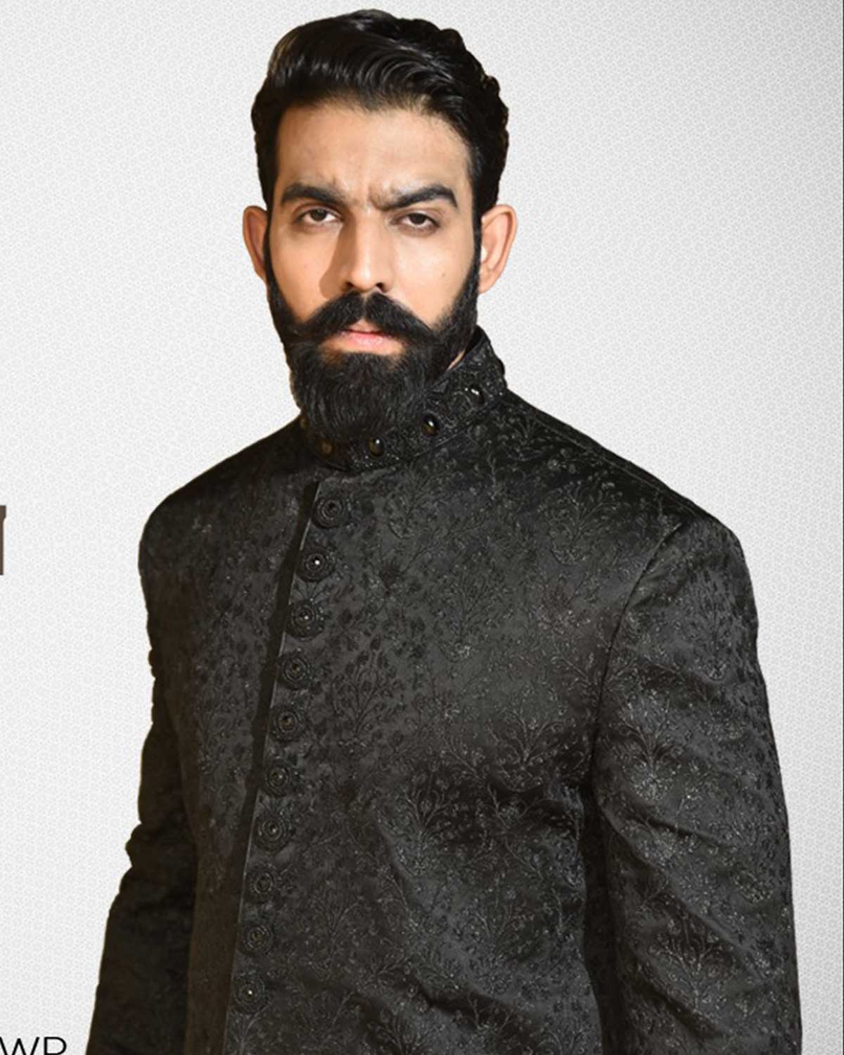 Black Silk Sherwani on Self Embroidery self Hand-made on Ban and Button