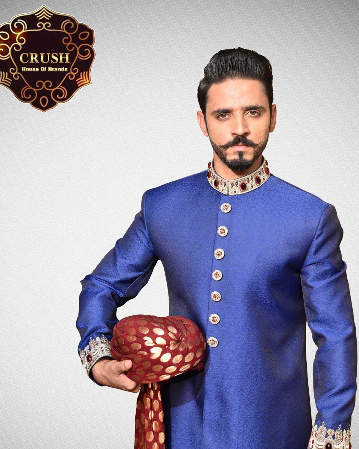 Blue Self Jamawar Sherwani Hand Work on Ban Sleeve & Button