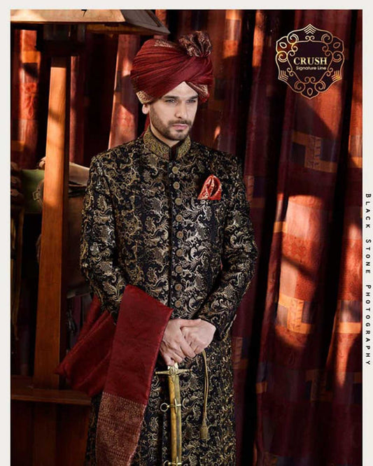 Silk Sherwani on Copper & Black Tilla Embroidery