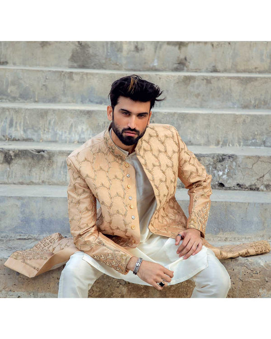 Gold Raw Silk Full Hand Work Sherwani