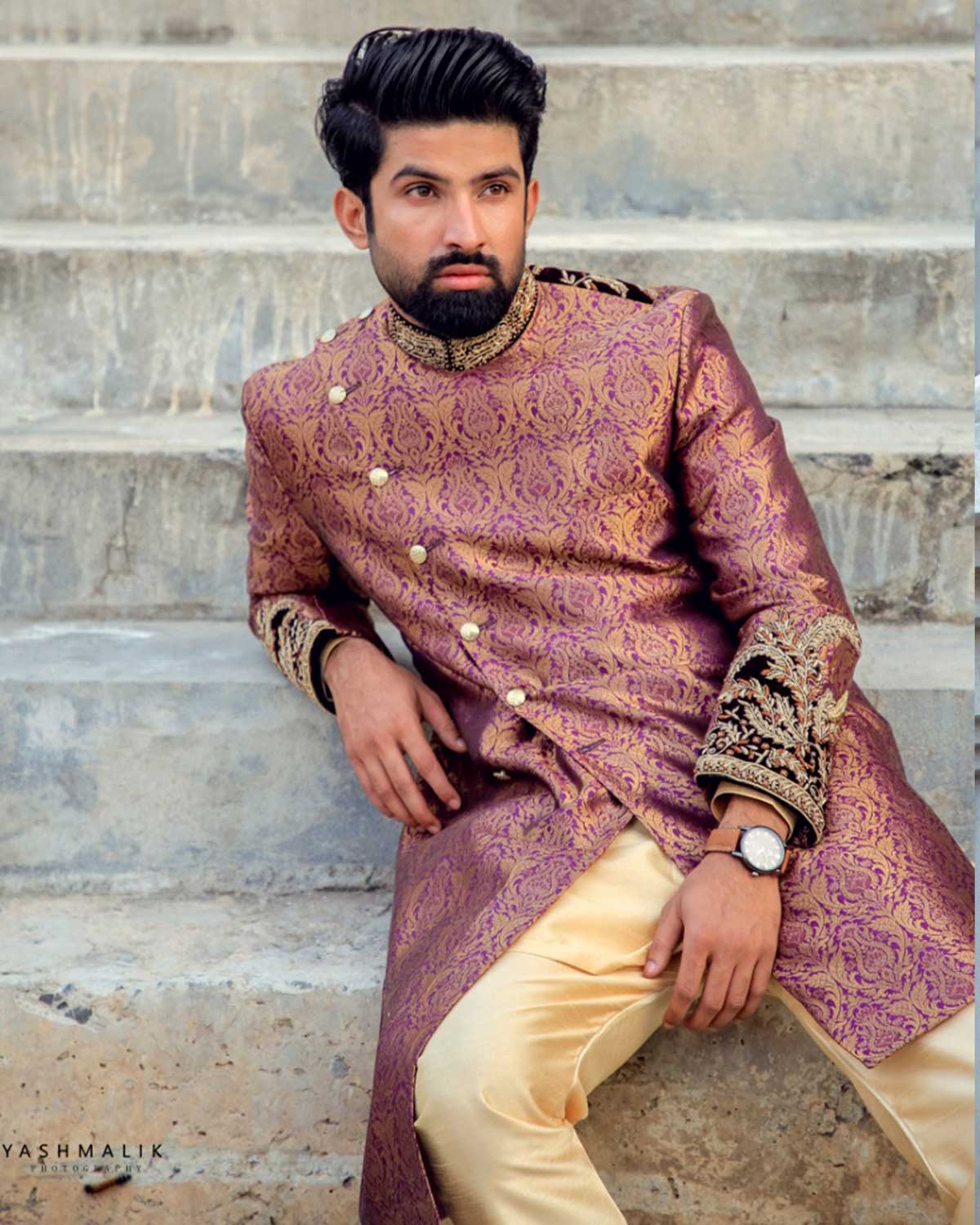 Purple Base & Copper Print on Jamawar Sidecut Sherwani