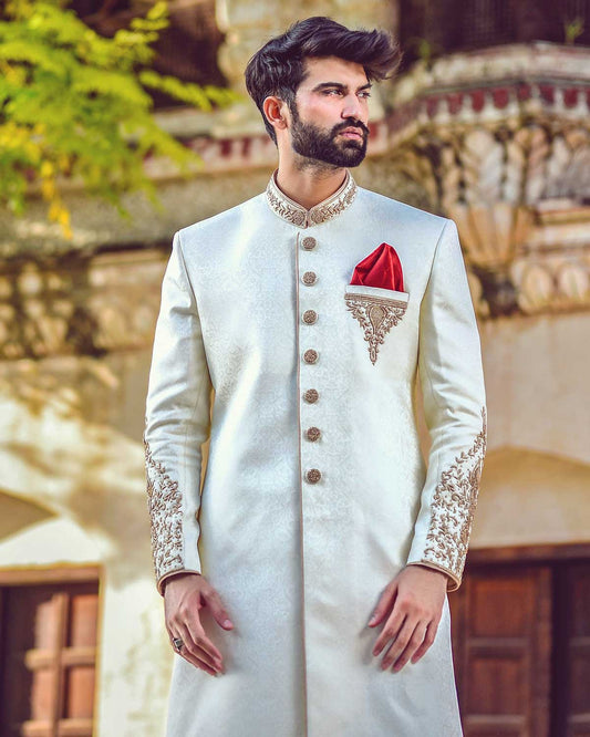 Skin Self Jamawar Classic Fit Sherwani