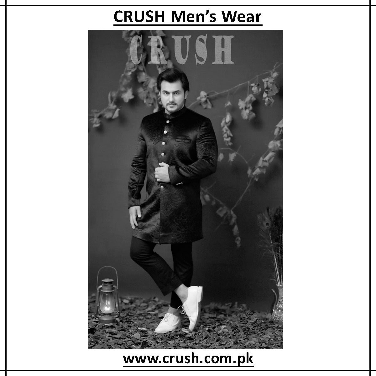 Black Embossed Short Sherwani