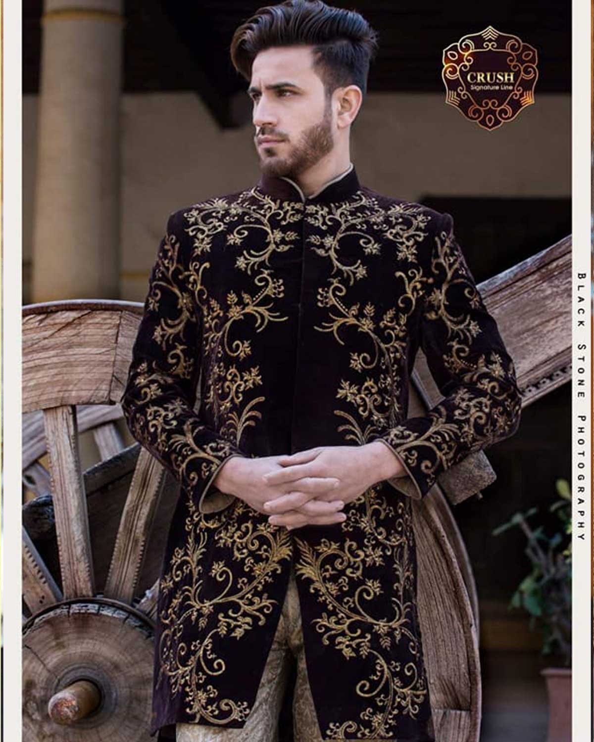 Brown Valvet Long coat Copper Tila Embroidery