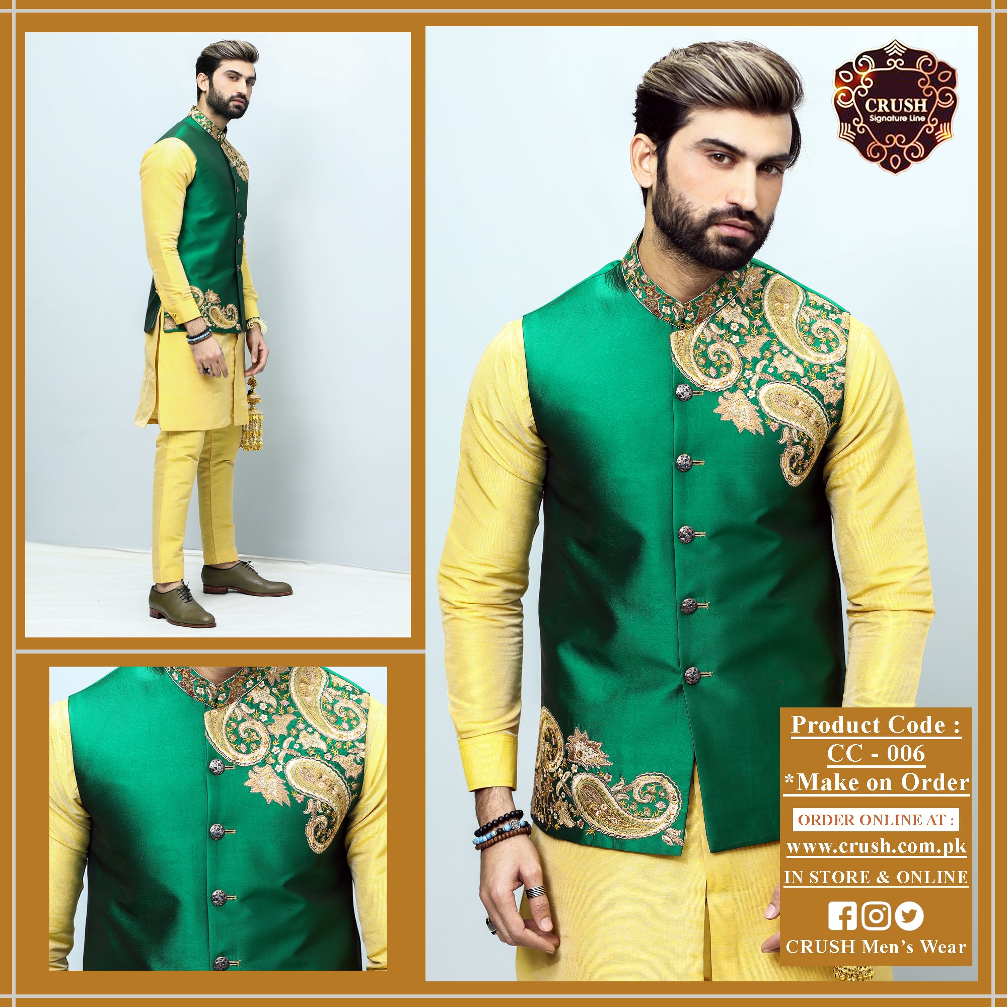 Embroidered Design Raw Silk | Mehndi Waistcoat