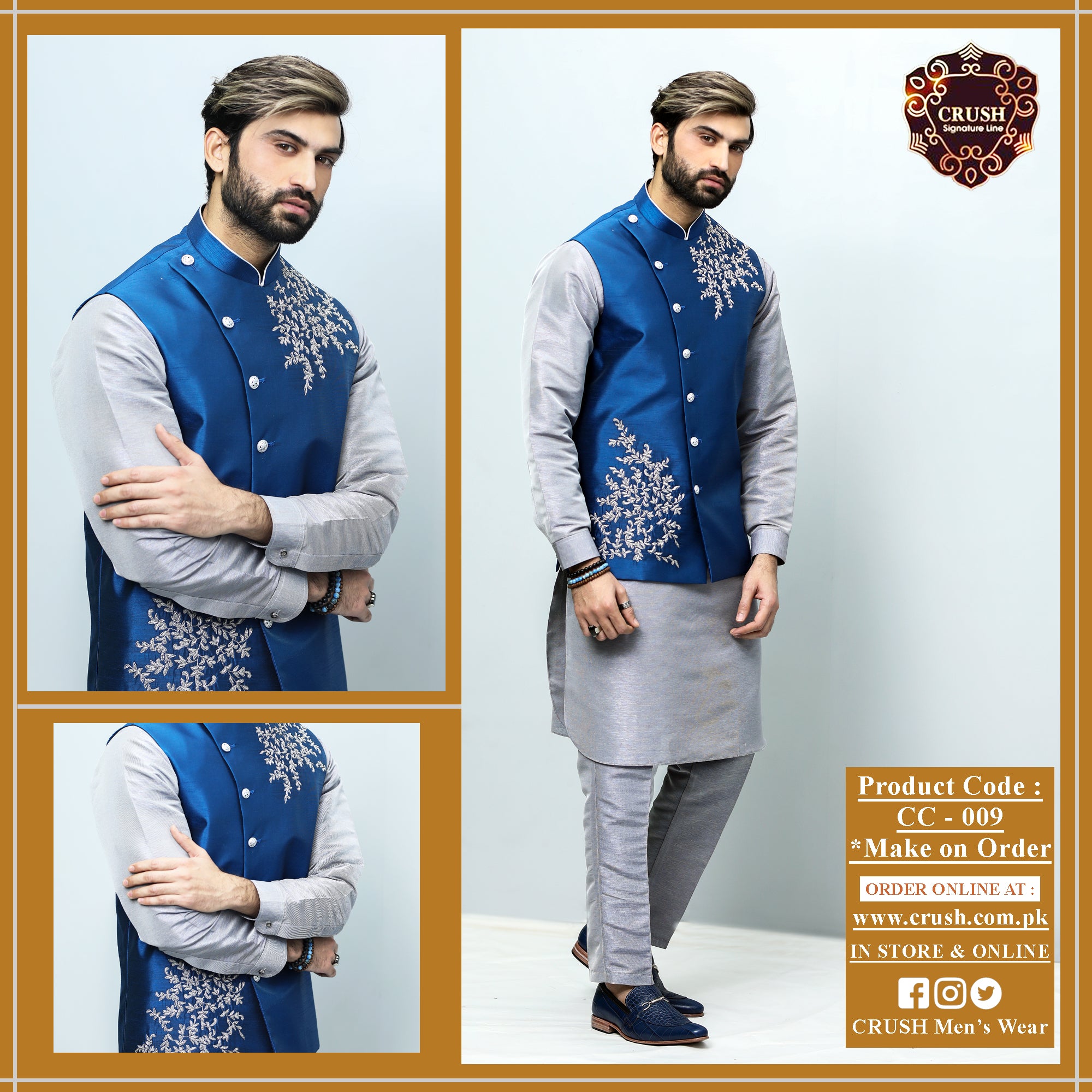 Raw Silk Anrakha Cut Waistcoat w/ 2 Side Handmade Bunches