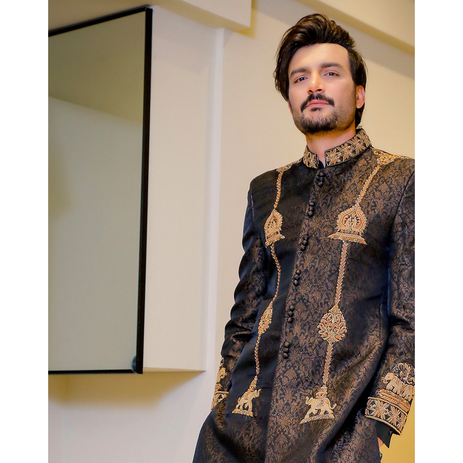 Antique Design Jamawar Base Sherwani w/ Handwork