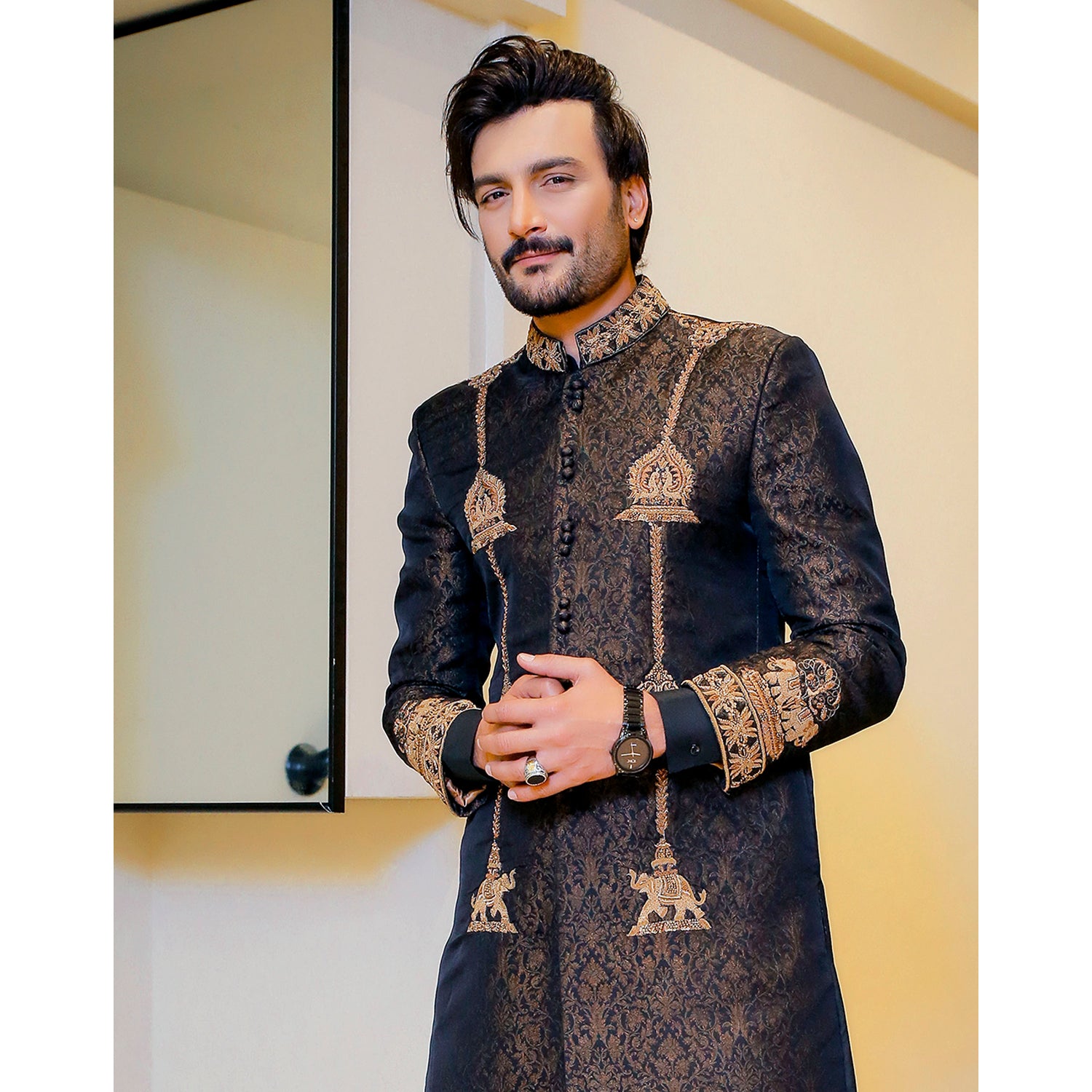 Antique Design Jamawar Base Sherwani w/ Handwork
