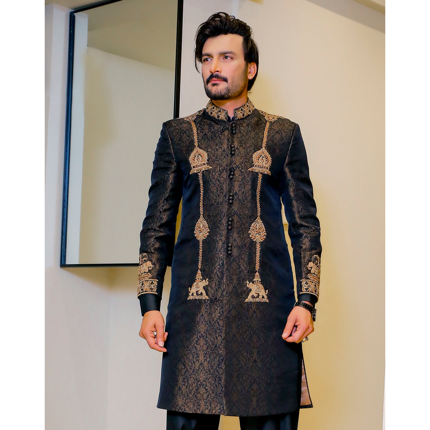 Antique Design Jamawar Base Sherwani w/ Handwork