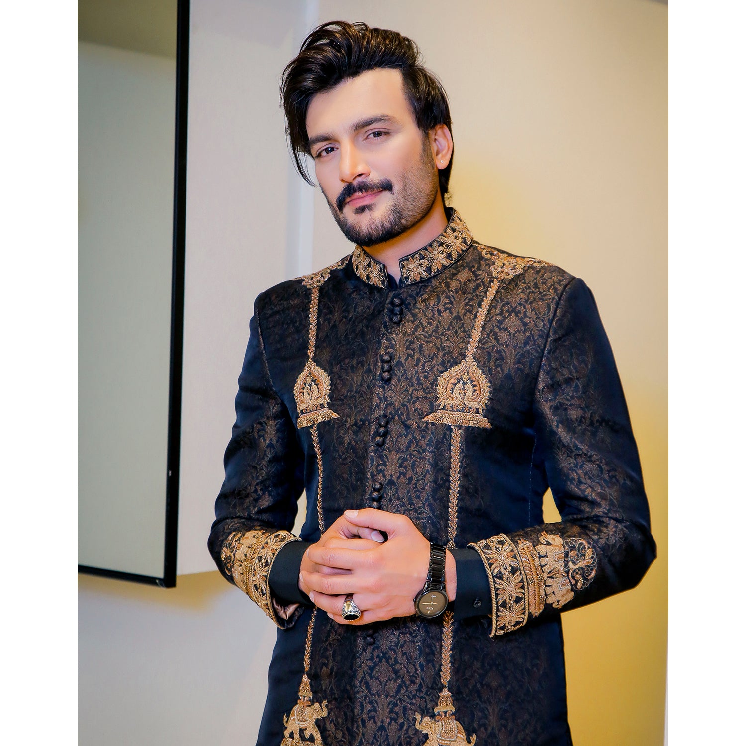 Antique Design Jamawar Base Sherwani w/ Handwork