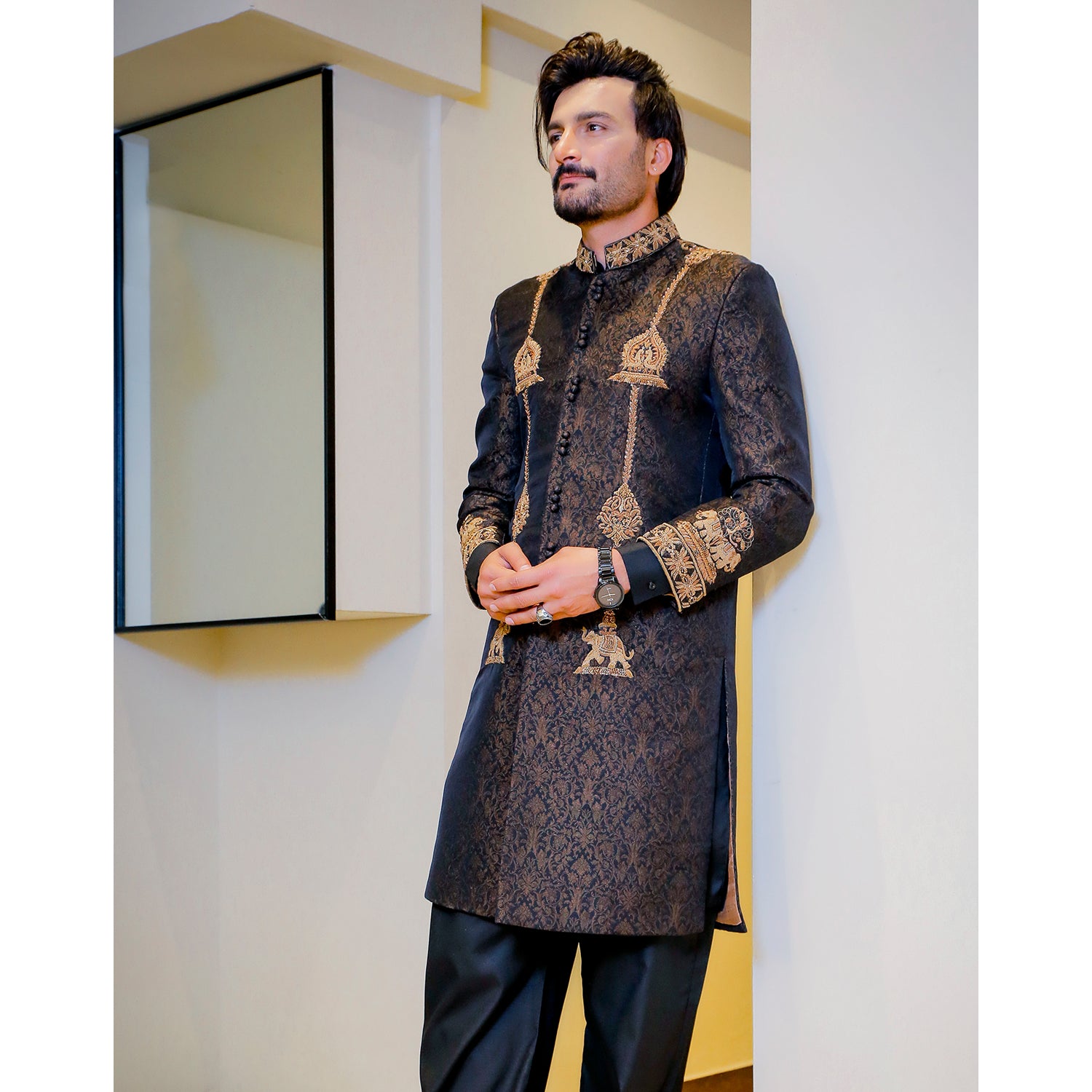 Antique Design Jamawar Base Sherwani w/ Handwork