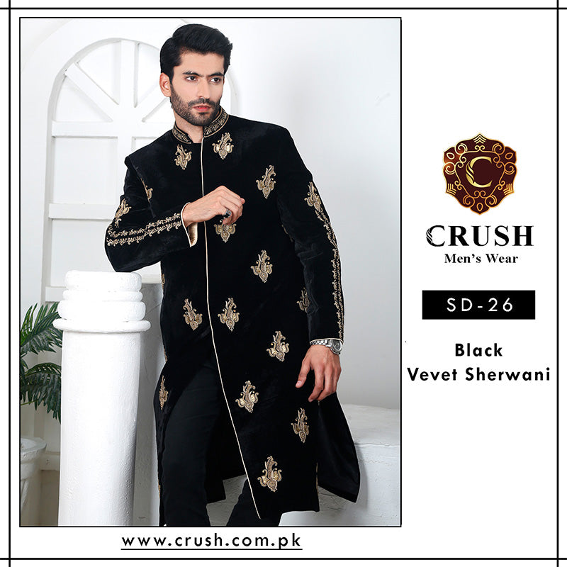 Black Velvet Sherwani with Detailed Hand-worked Motif