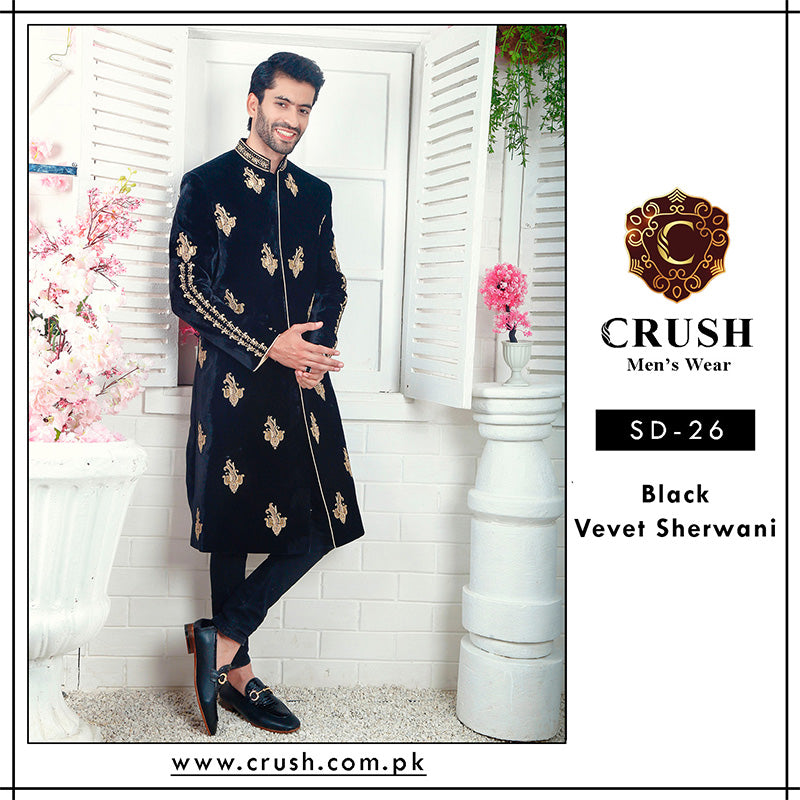 Black Velvet Sherwani with Detailed Hand-worked Motif