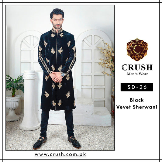 Black Velvet Sherwani with Detailed Hand-worked Motif