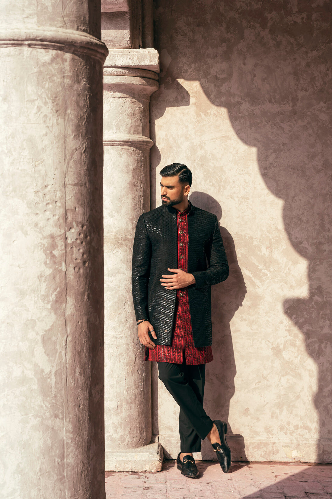 Self Embroidered Double Sherwani w/ Sequence Work for Groom