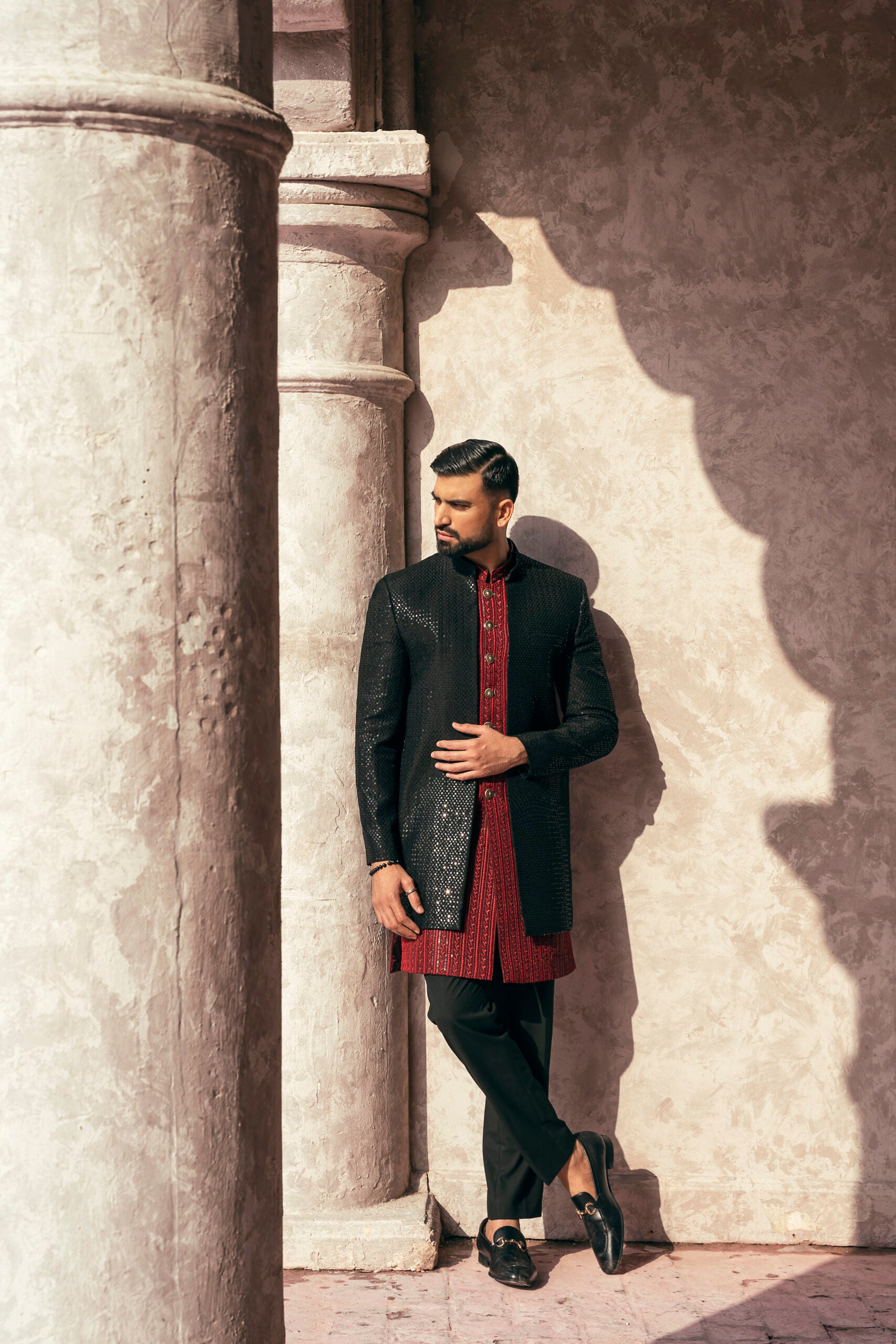 Self Embroidered Double Sherwani w/ Sequence Work for Groom
