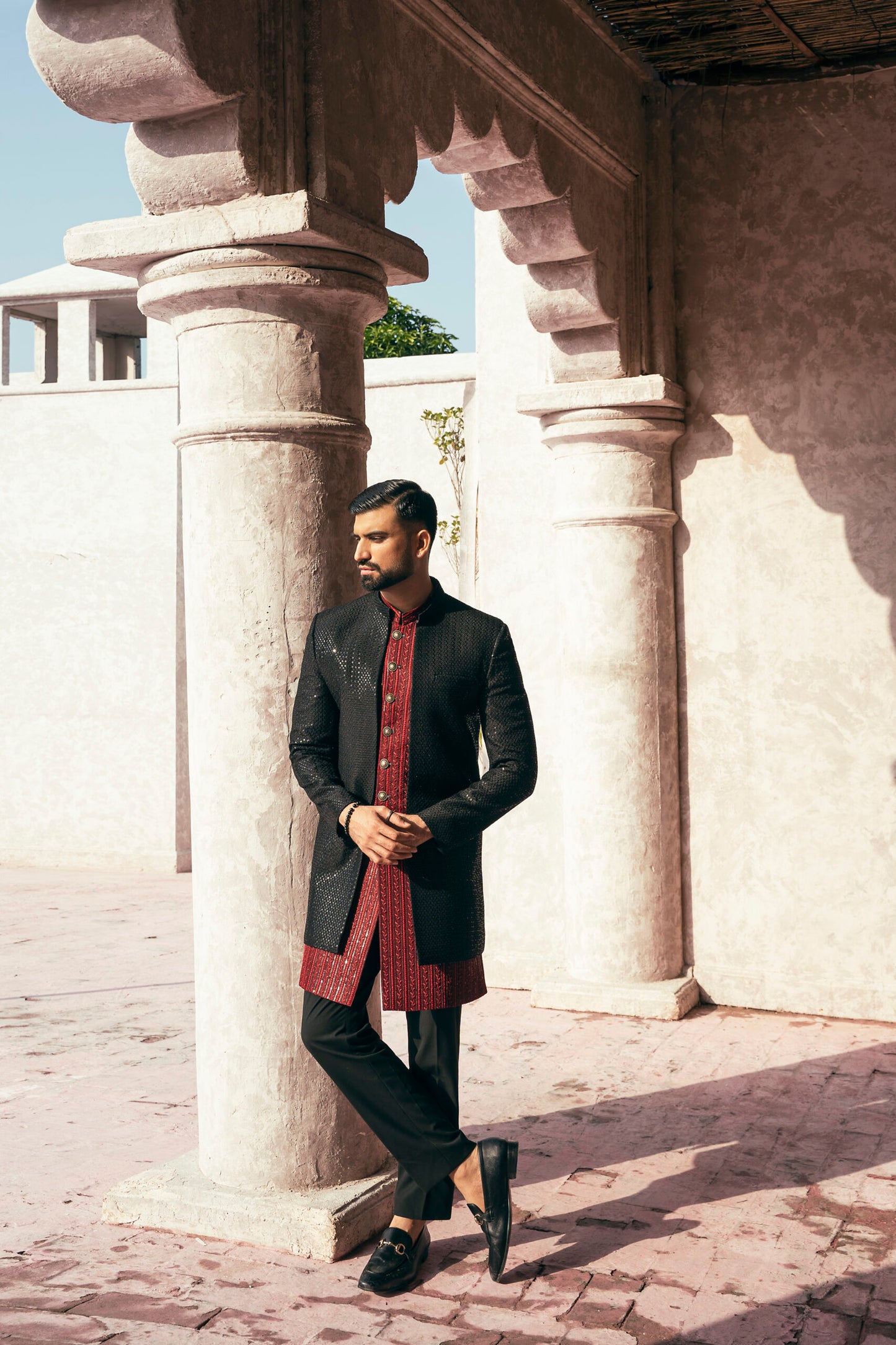 Self Embroidered Double Sherwani w/ Sequence Work for Groom