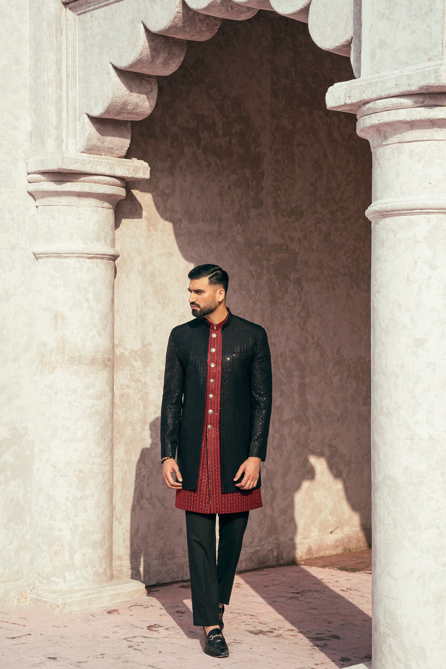 Self Embroidered Double Sherwani w/ Sequence Work for Groom