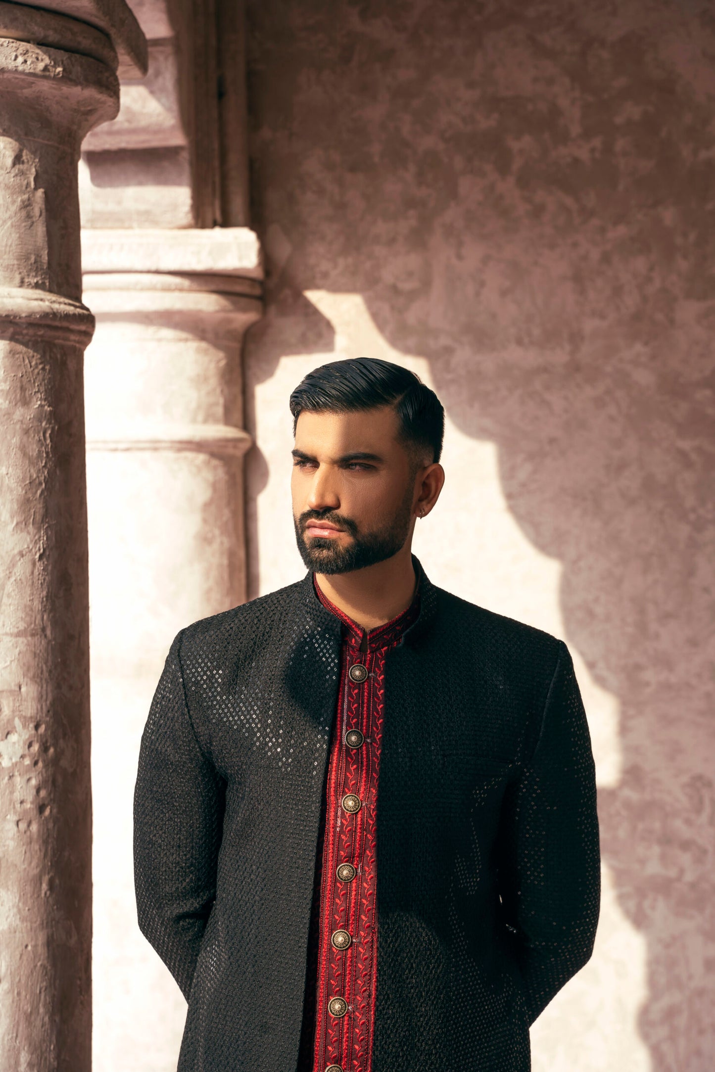 Self Embroidered Double Sherwani w/ Sequence Work for Groom