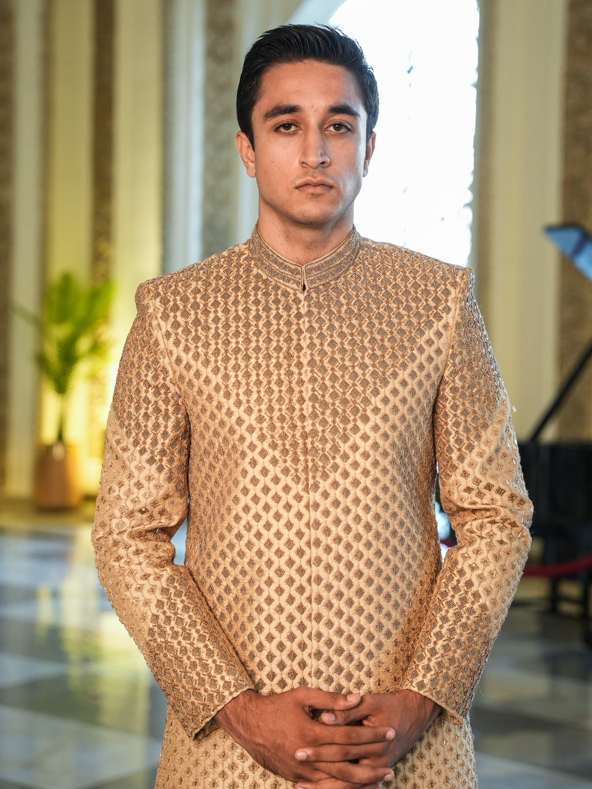ZARR-E-KHUSRAU [CHAMPAGNE GOLD FULL HANDWORK SHERWANI]