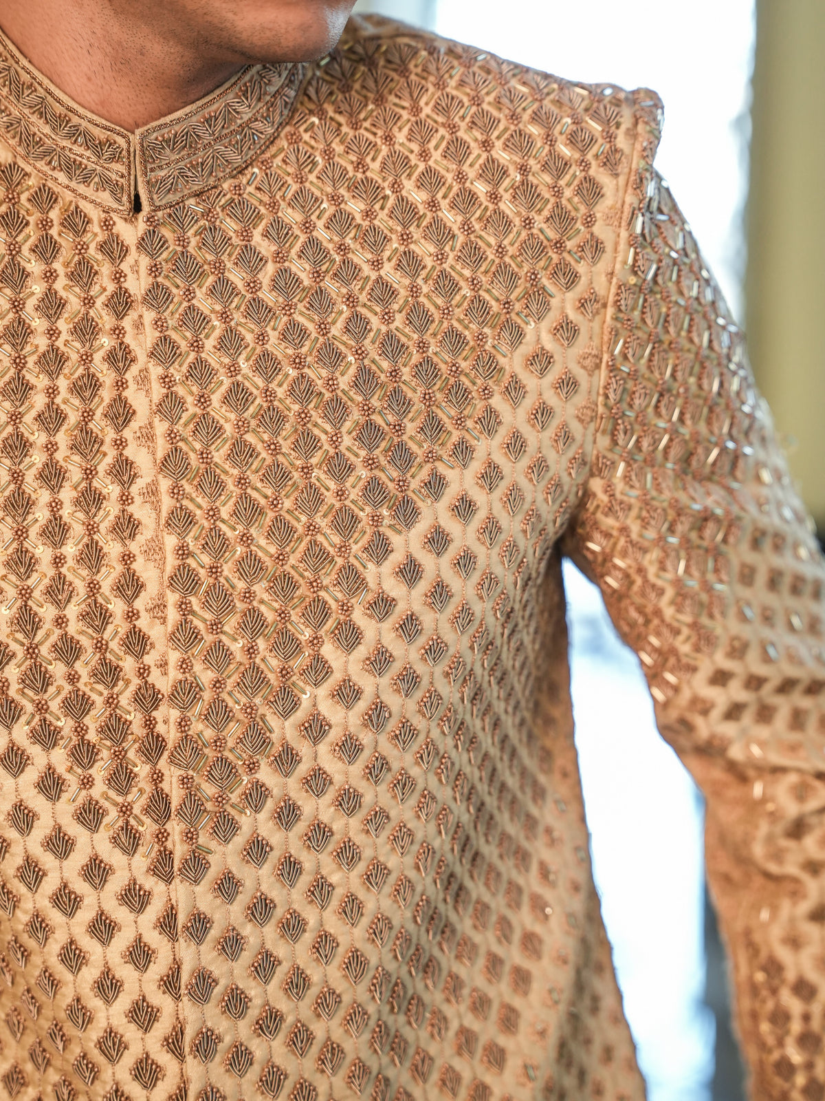 ZARR-E-KHUSRAU [CHAMPAGNE GOLD FULL HANDWORK SHERWANI]