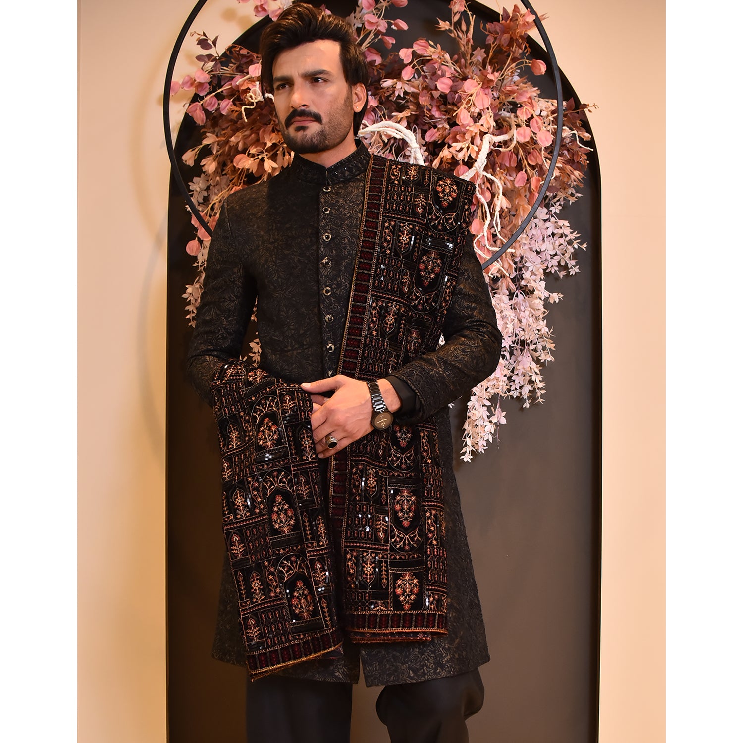 Embroidered Sherwani w/ Kora Dabka Handwork