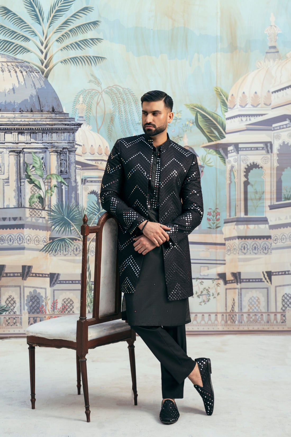 Embroidered Fabric Mirror Sherwani  for Men