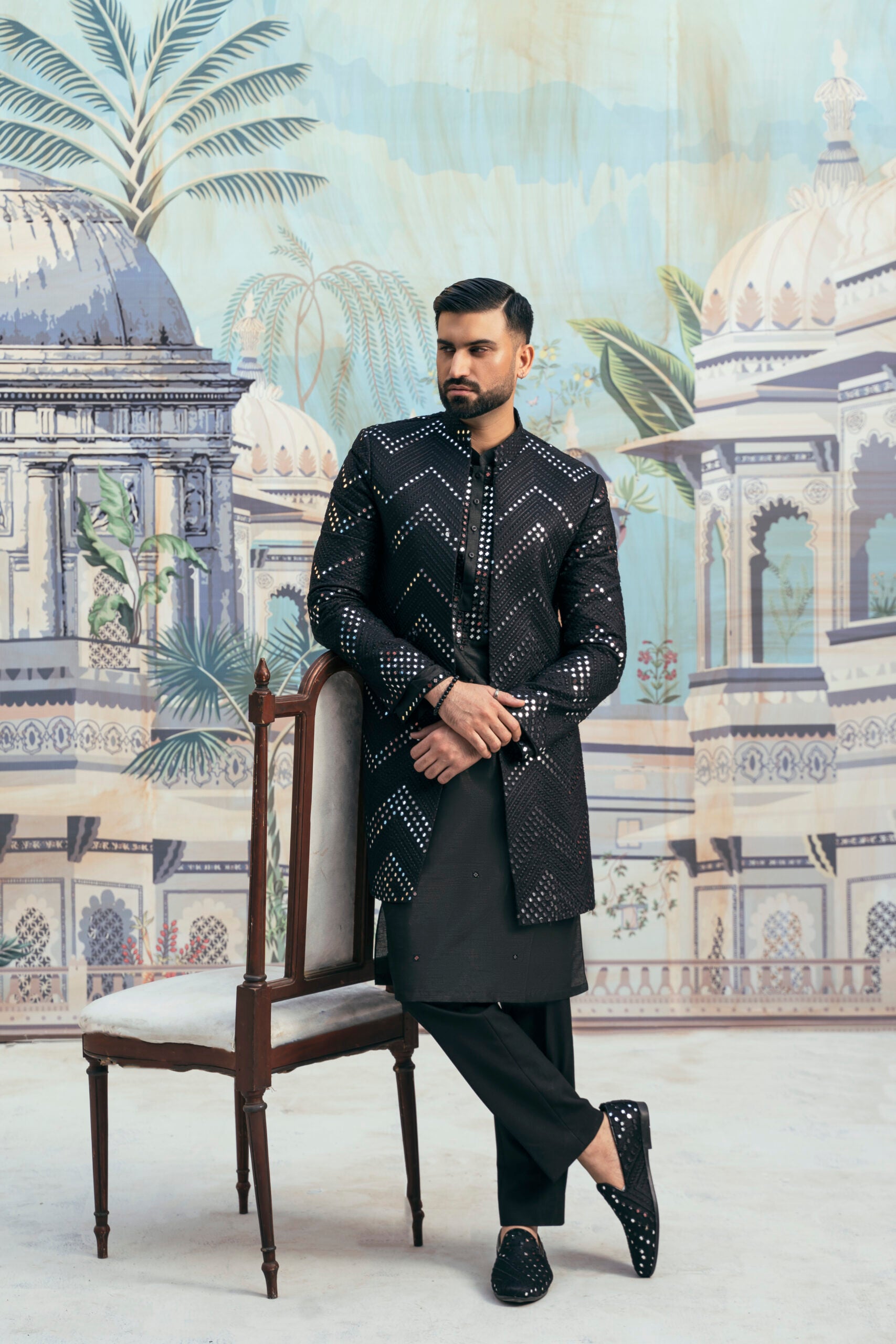 Embroidered Fabric Mirror Sherwani  for Men