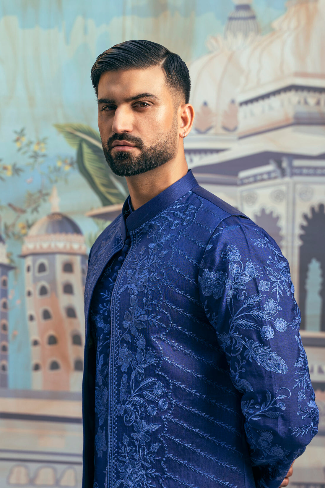 Embroidered Fabric Party-wear Blue Long Waistcoat for Men