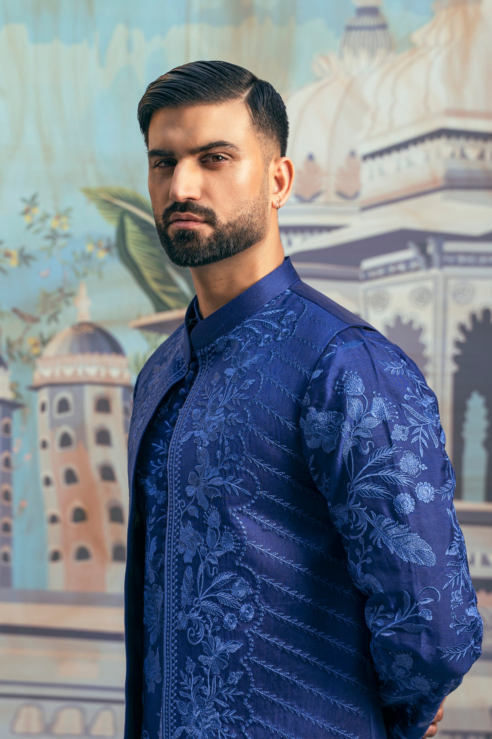 Embroidered Fabric Party-wear Blue Long Waistcoat for Men