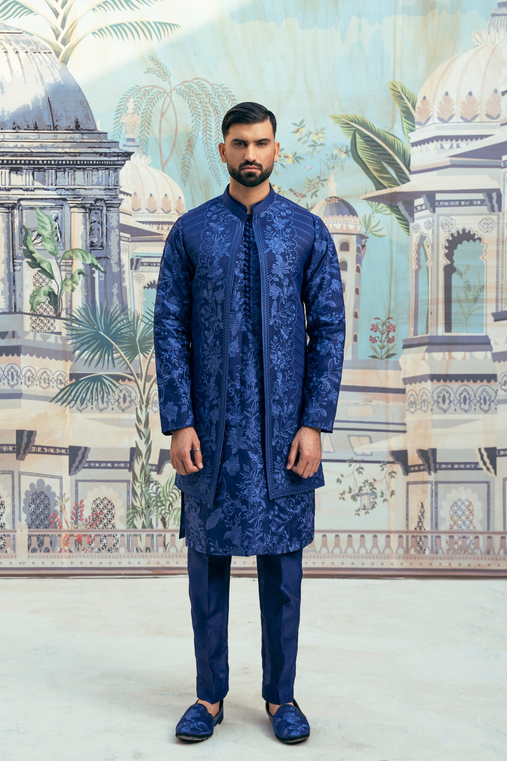 Embroidered Fabric Party-wear Blue Long Waistcoat for Men