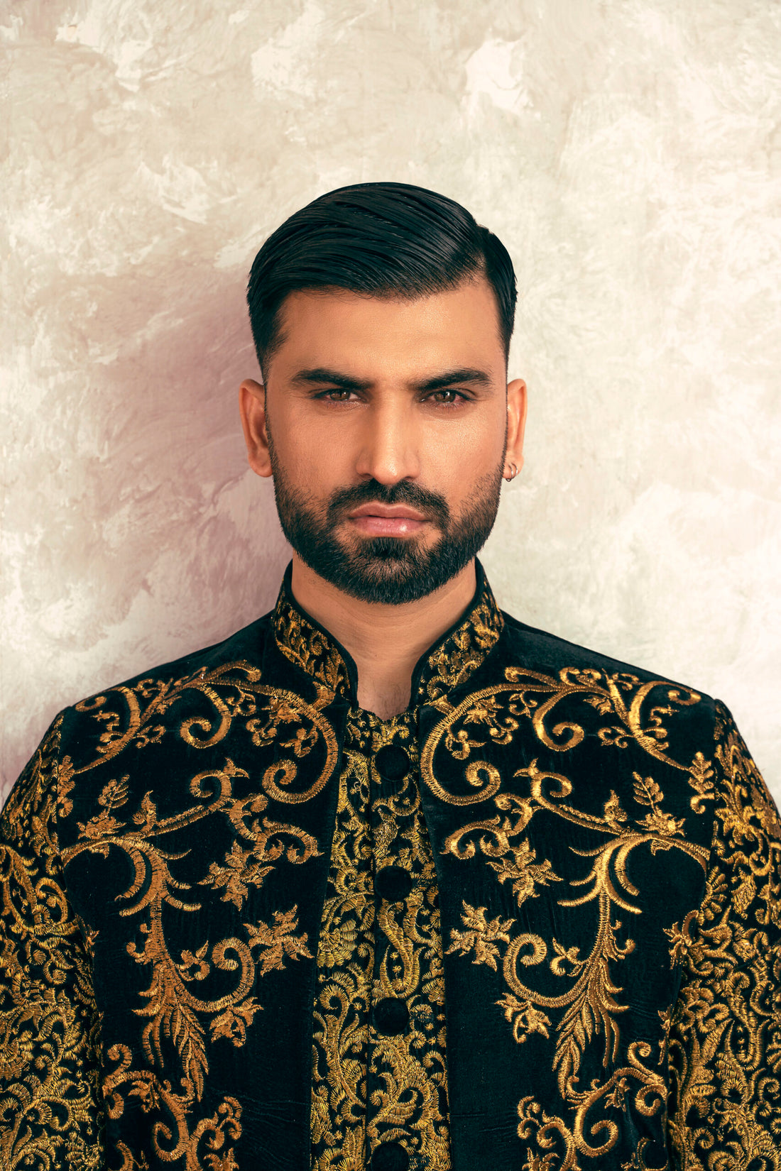 Black Valvet Double Sherwani Copper Tila Embroidery