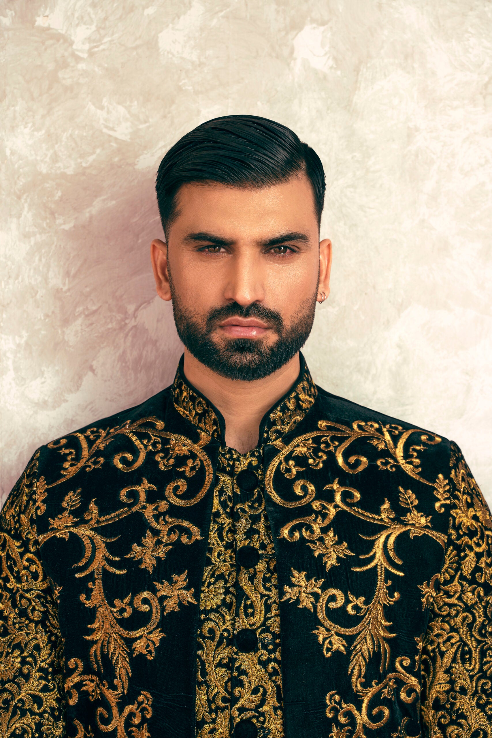 Black Valvet Double Sherwani Copper Tila Embroidery