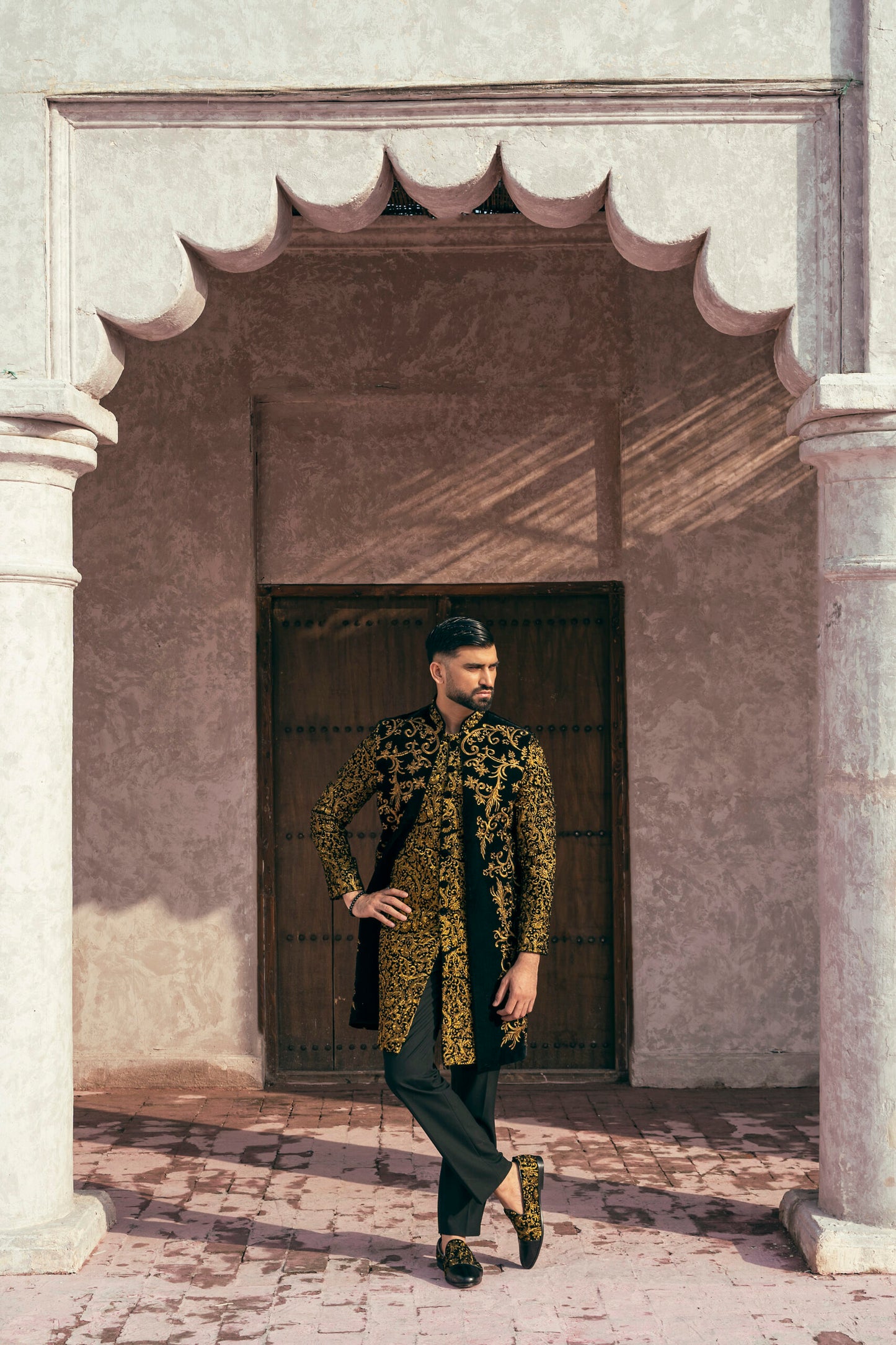 Black Valvet Double Sherwani Copper Tila Embroidery