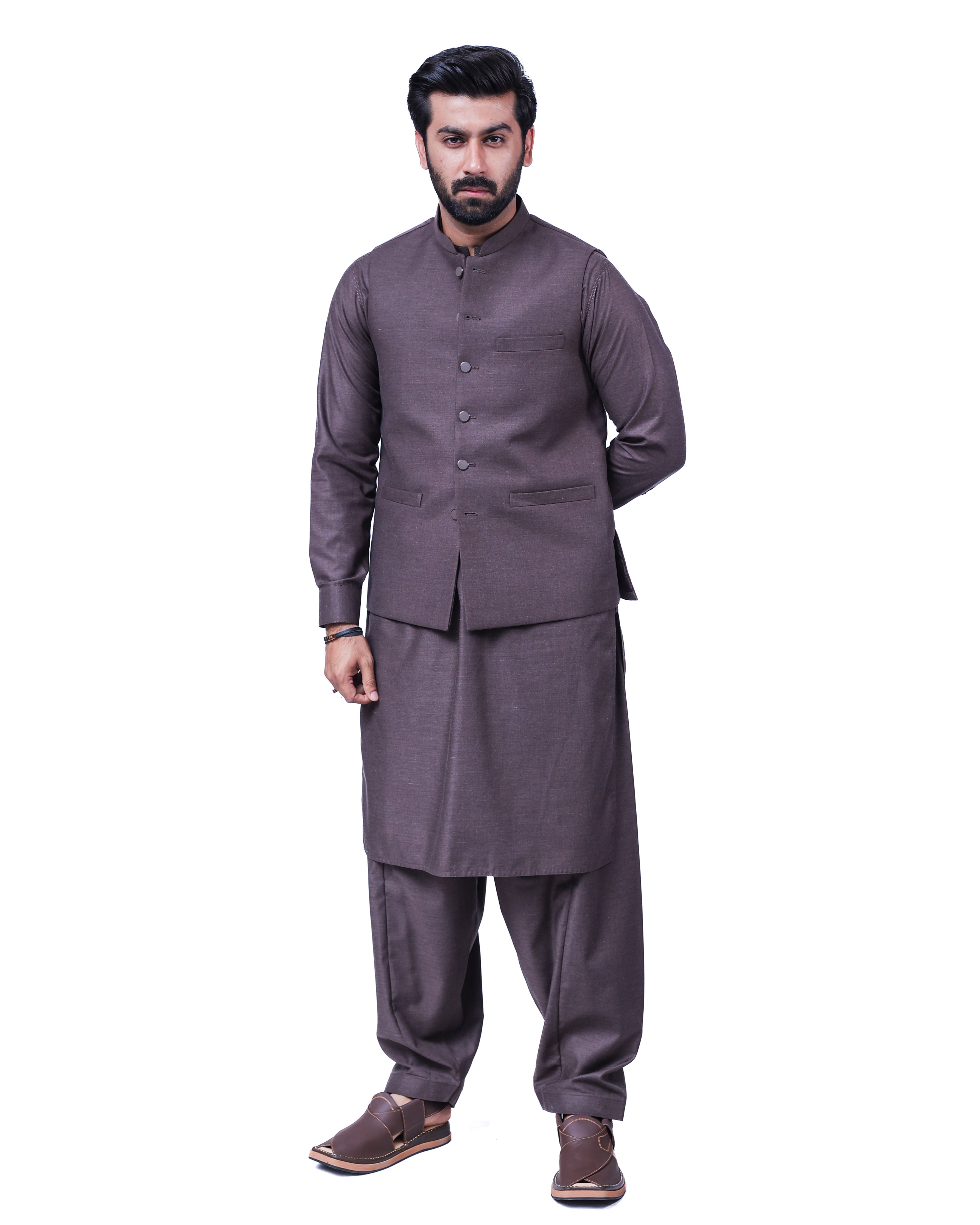 Men’s Matching Shalwar Kameez with Waistcoat – Crush Menswear  Dark Brown