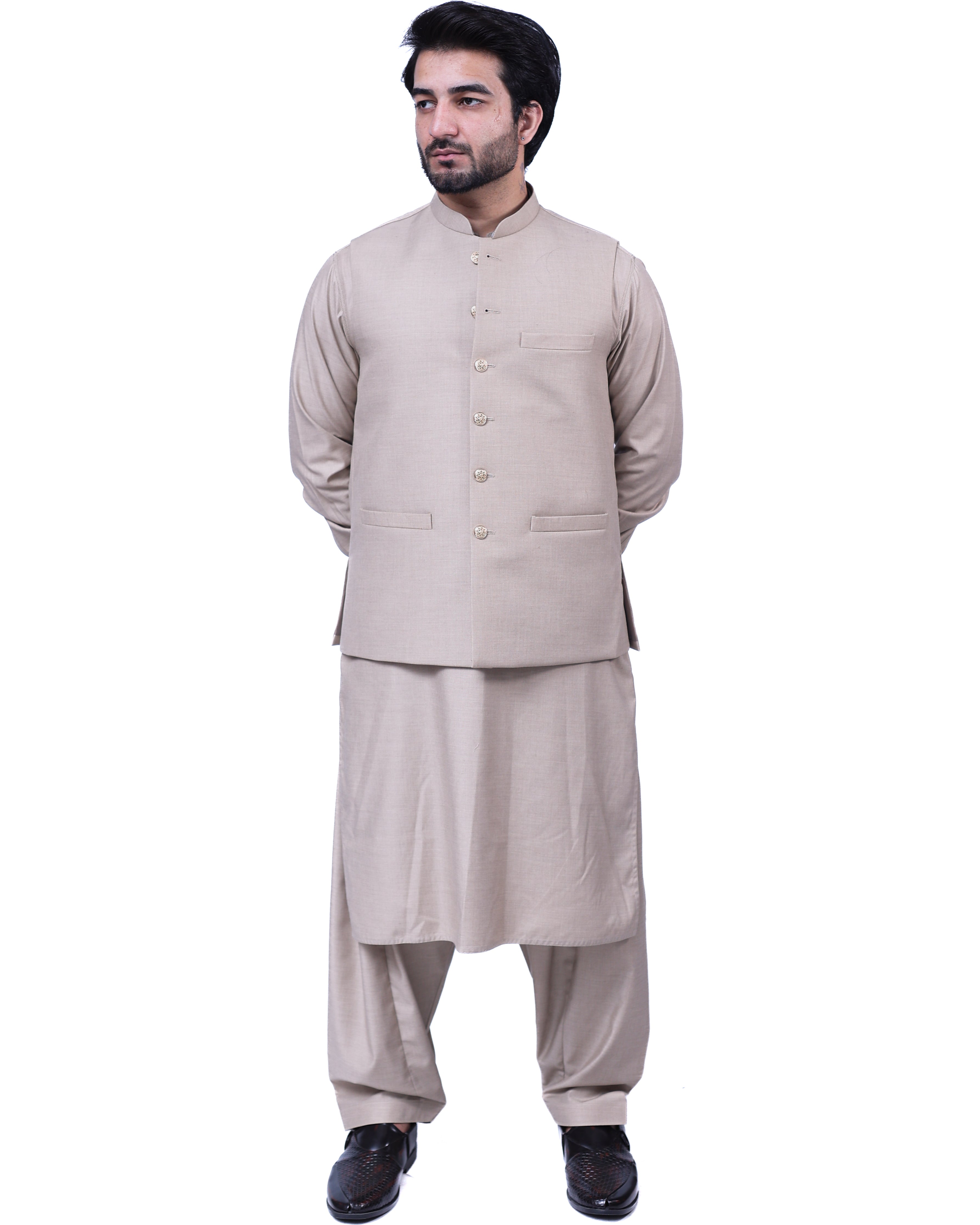 Men’s Matching Shalwar Kameez with Waistcoat – Crush Menswear light beige