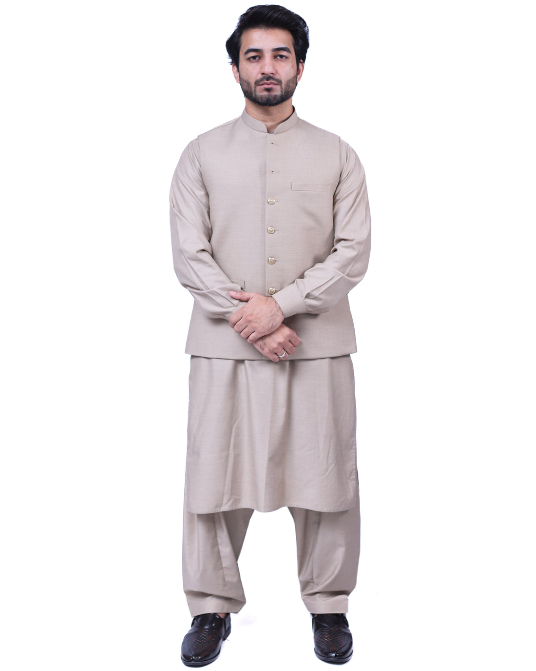 Men’s Matching Shalwar Kameez with Waistcoat – Crush Menswear light beige