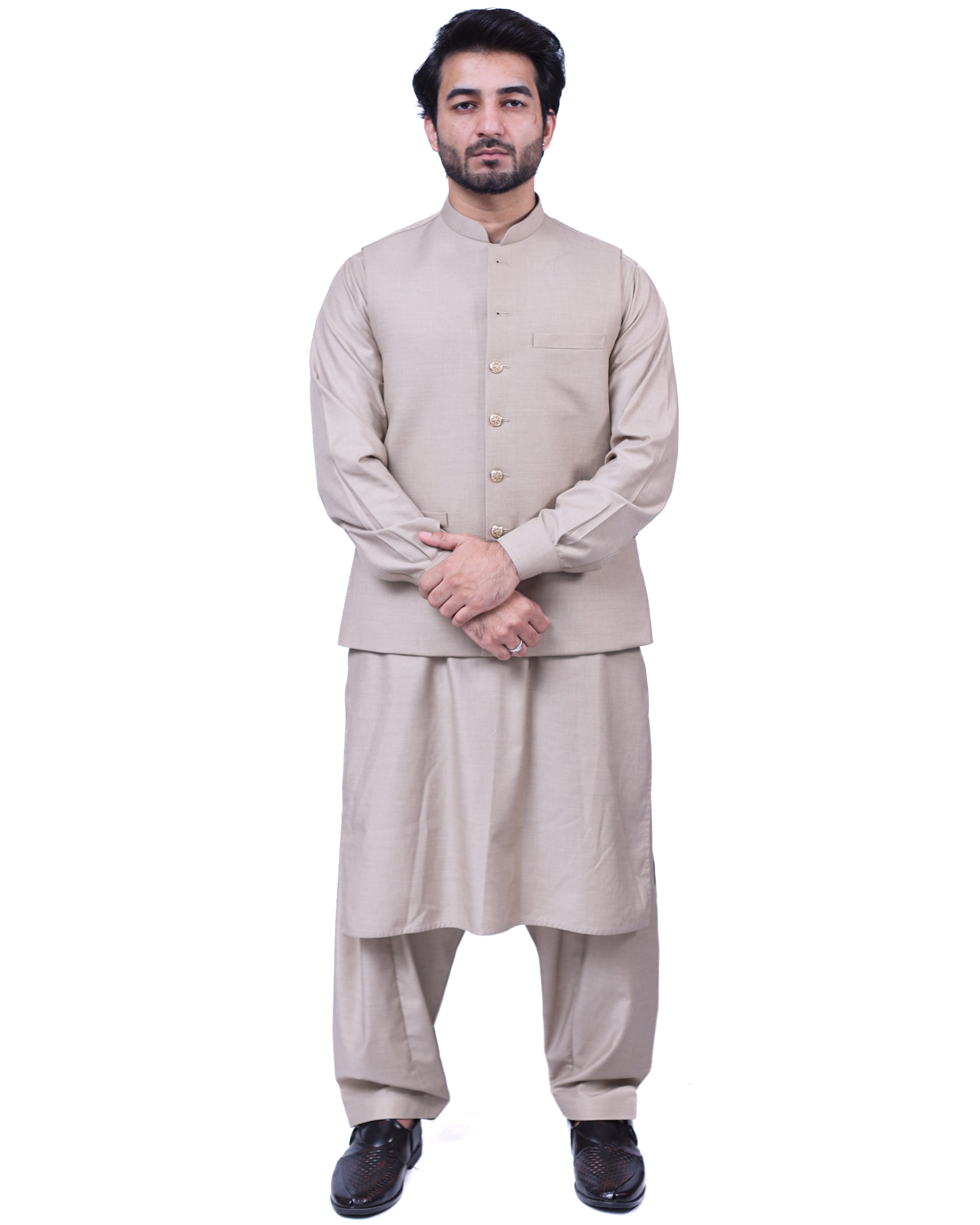 Men’s Matching Shalwar Kameez with Waistcoat – Crush Menswear light beige