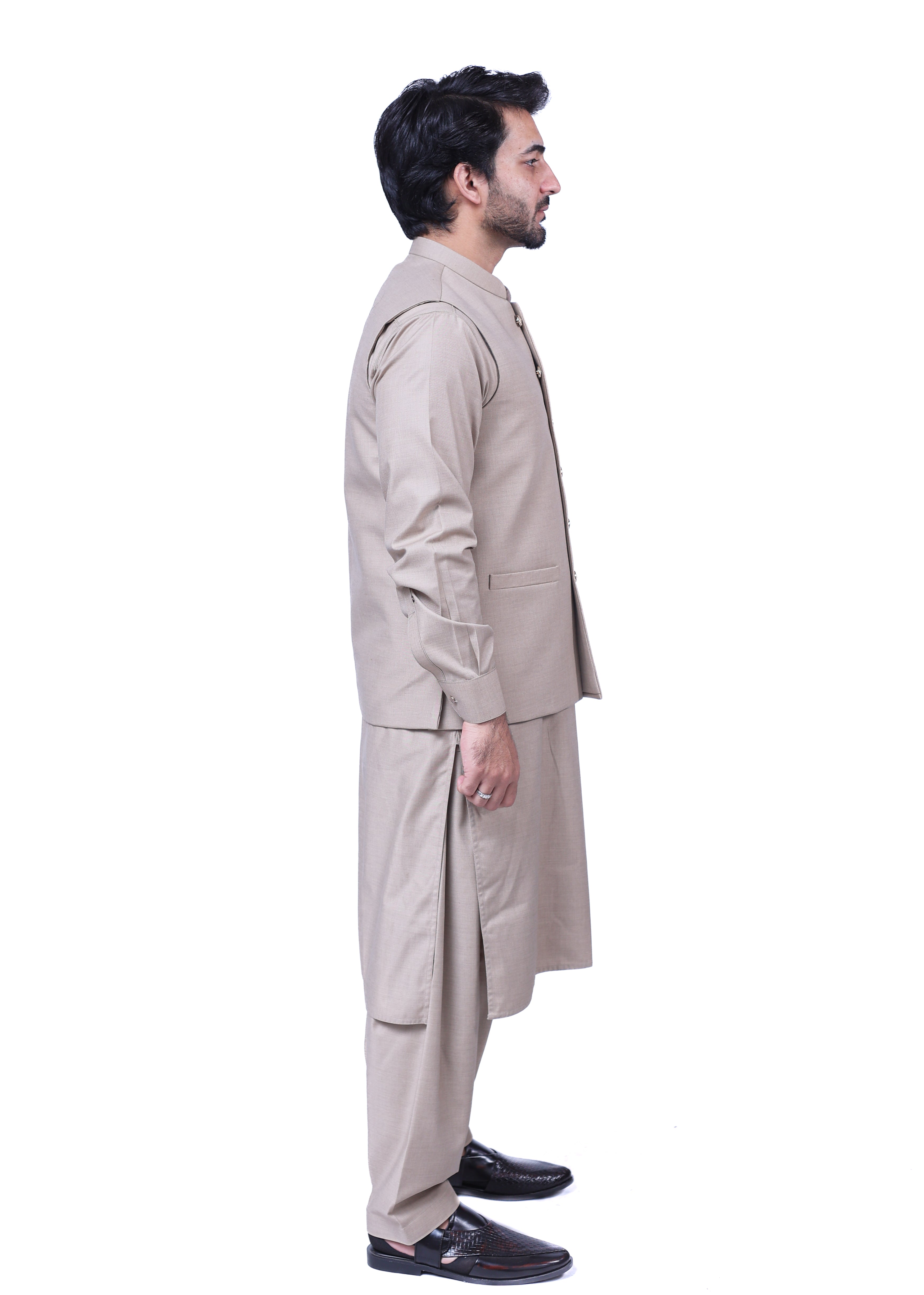 Men’s Matching Shalwar Kameez with Waistcoat – Crush Menswear light beige