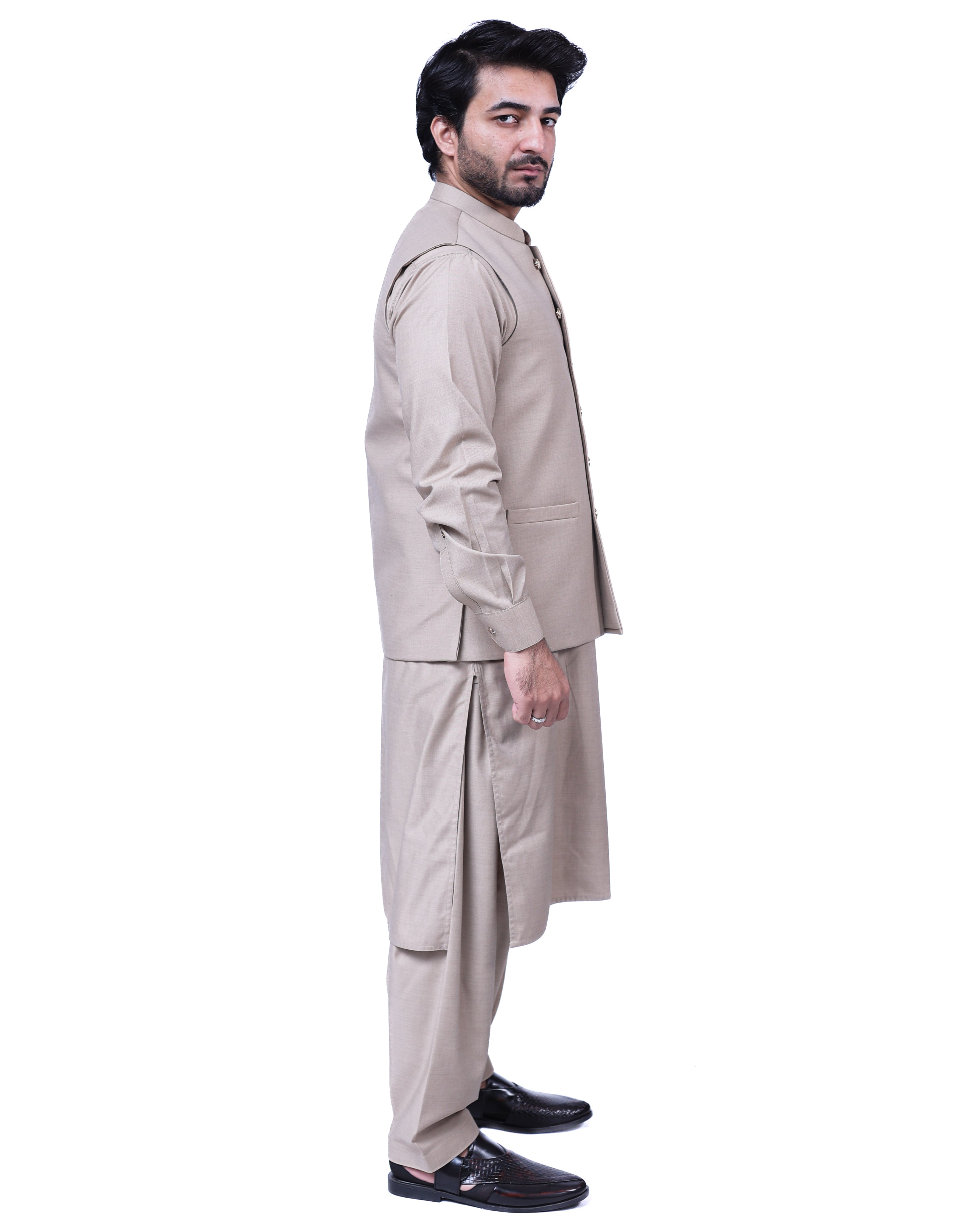 Men’s Matching Shalwar Kameez with Waistcoat – Crush Menswear light beige