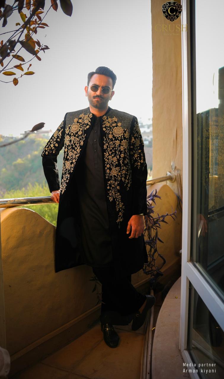 Black Velvet Sherwani w/ Handwork for Groom