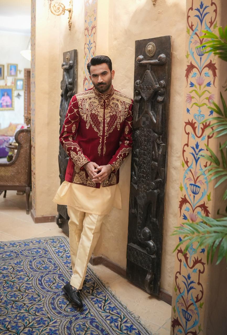 Maroon  Velvet Prince Coat w/ Handwork for Groom
