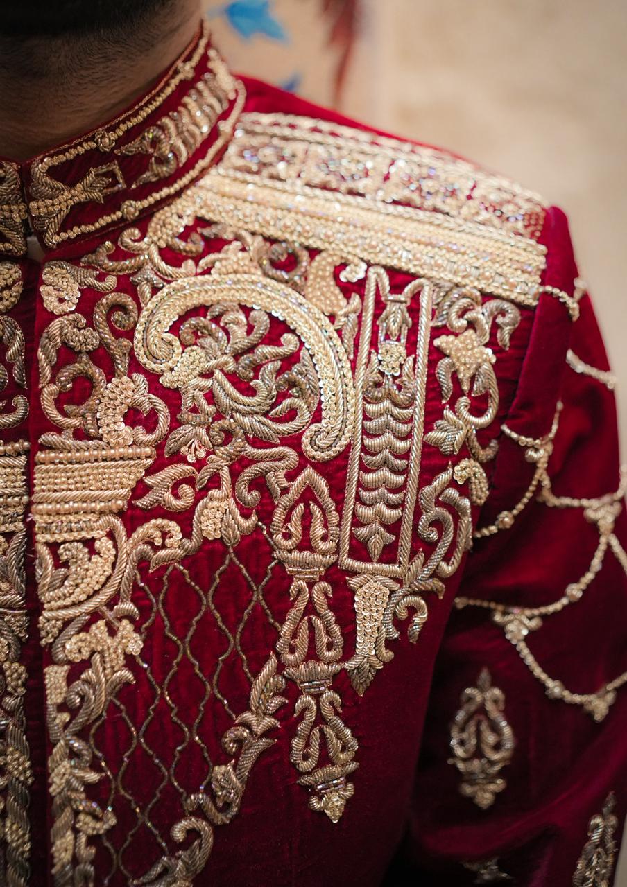 Maroon  Velvet Prince Coat w/ Handwork for Groom