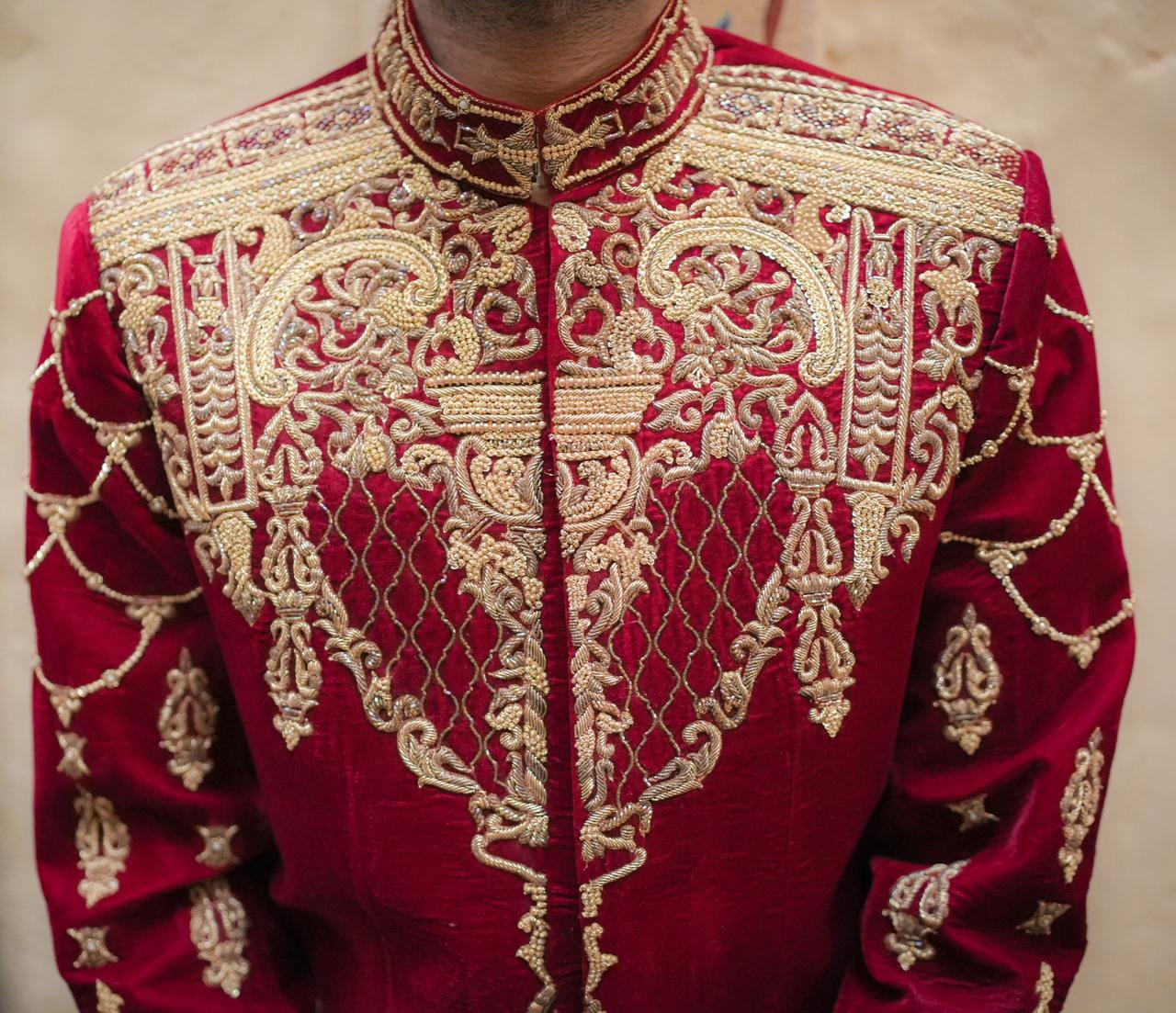 Maroon  Velvet Prince Coat w/ Handwork for Groom