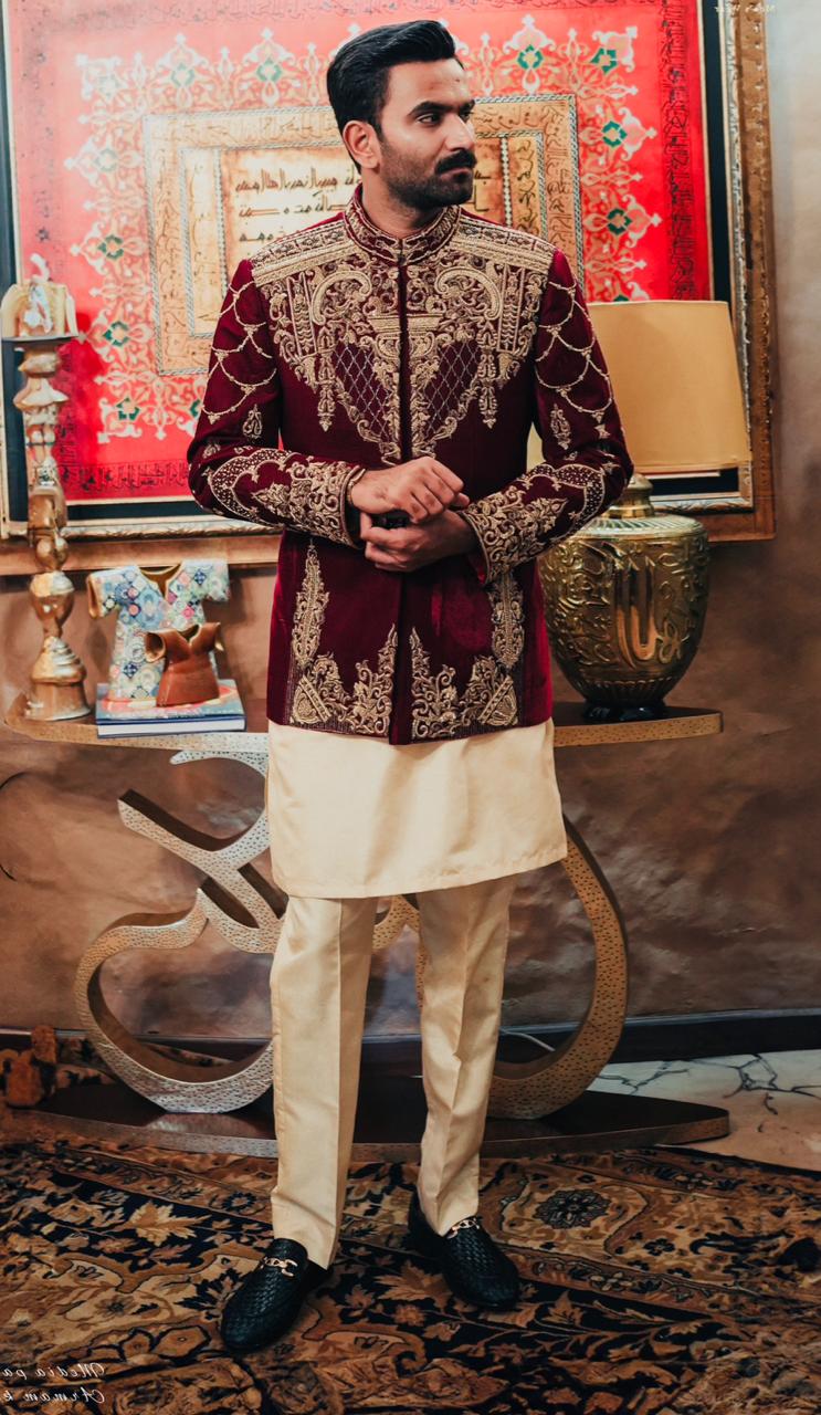 Maroon  Velvet Prince Coat w/ Handwork for Groom