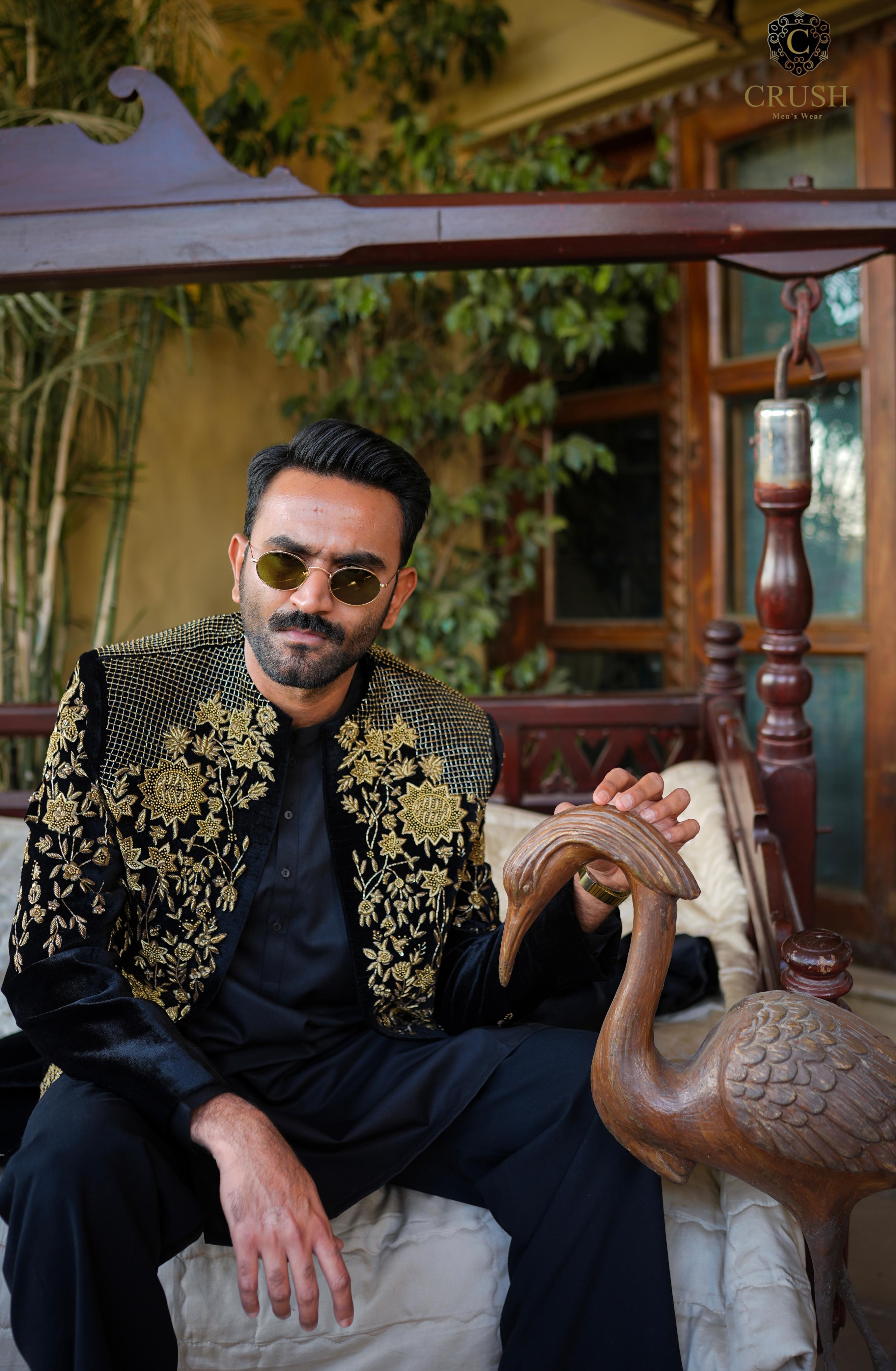 Black Velvet Sherwani w/ Handwork for Groom