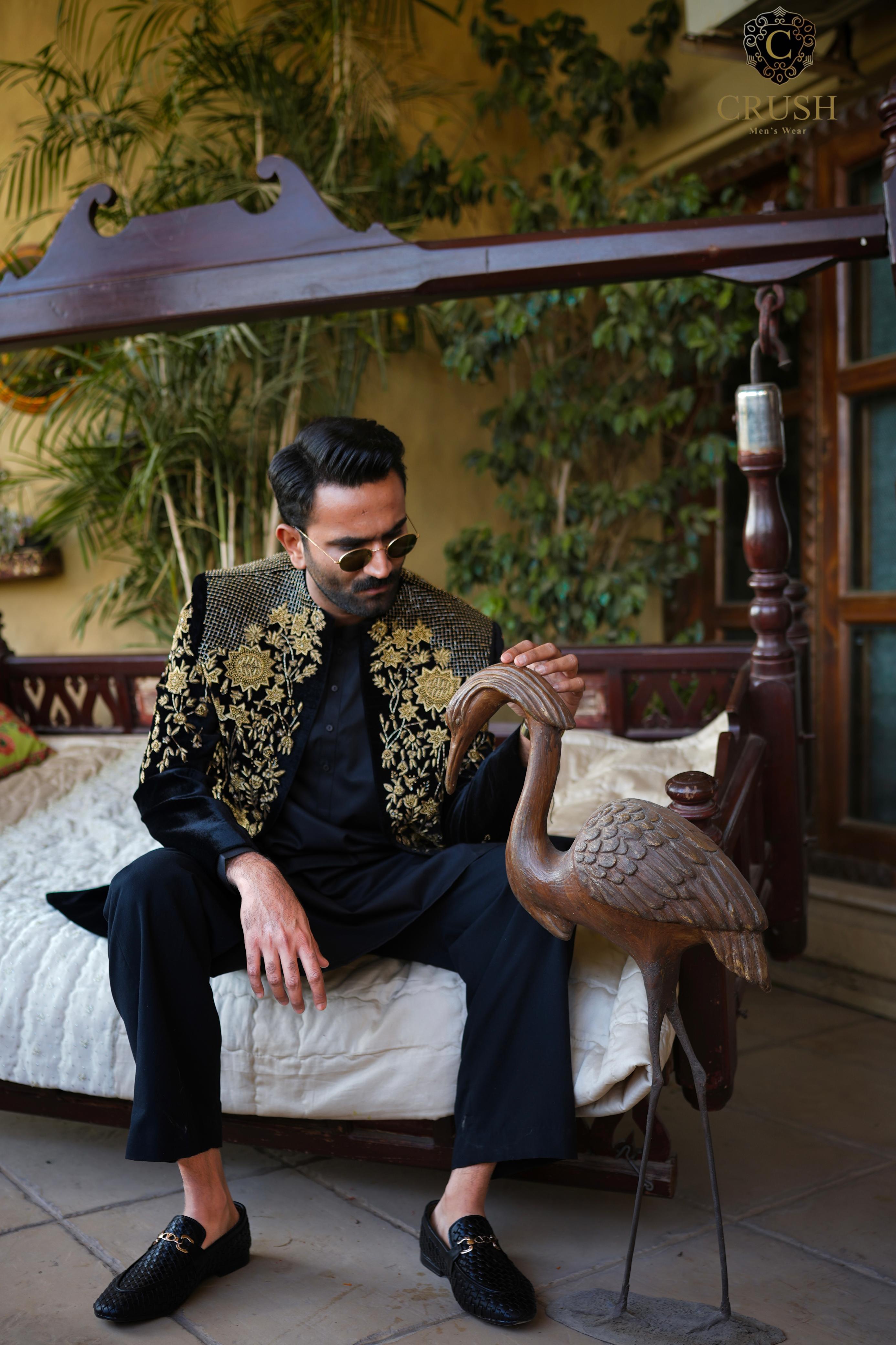 Black Velvet Sherwani w/ Handwork for Groom