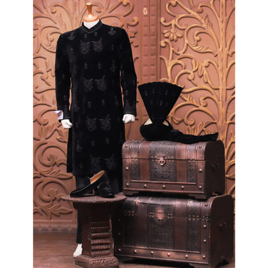 Black Velvet Sherwani w/ Handwork for Groom